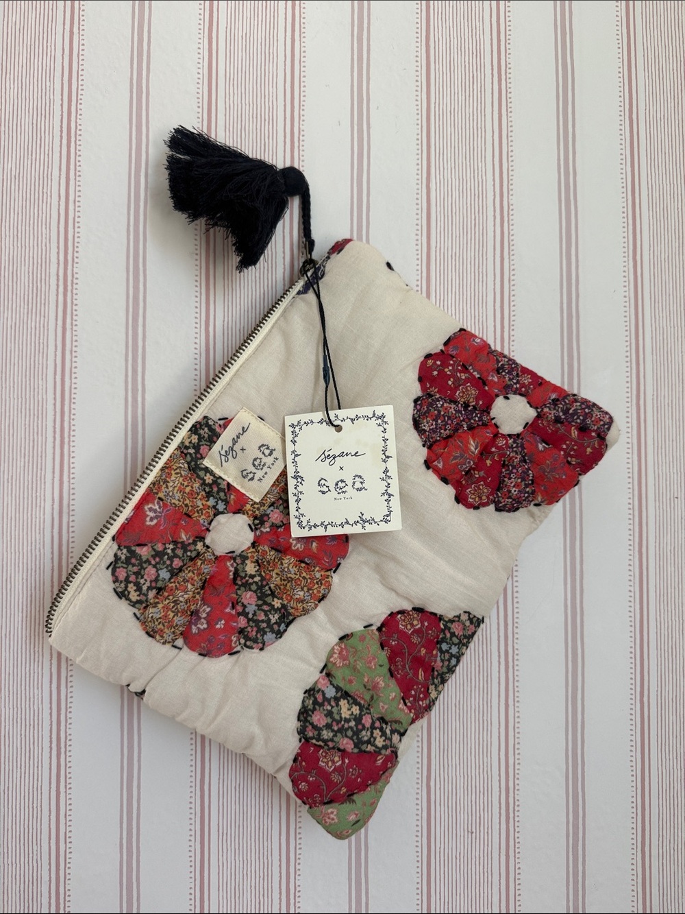 Sezane Cream Quilted Floral Patchwork Clutch with Black Tassel